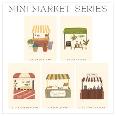 the mini market series is shown in four different colors and sizes, including one for each vendor