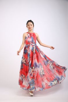 Chiffon Red Flower Long Party Dress Evening Wedding Lightweight Sundress Summer Holiday Beach Dress Bridesmaid Dress Maxi Skirt Detail Info: ❤ Color: Red flower as picture More color choice link: https://www.etsy.com/listing/213656440/chiffon-dress-color-card?ref=shop_home_feat_1 you just note the color you want with order, we will make according to your note. ❤ Material: Chiffon ❤ The dress doesn't limit the chest size and waist size, arm hole 45cm (if your upper arm circle circumference is mor Red Chiffon Party Dress For Spring, Red Chiffon Dress For Spring Party, Spring Party Red Chiffon Dress, Bridesmaid Chiffon Maxi Dress With Floral Print, Floral Print Maxi Bridesmaid Dress, Flowy Floral Print Maxi Dress For Bridesmaids, Floral Print Maxi Dress For Bridesmaids, Summer Floral Long Chiffon Dress, Spring Wedding Red Maxi Dress