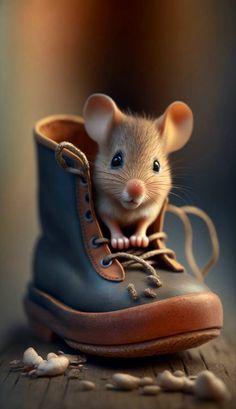 a small mouse sitting on top of a pair of blue and brown shoes with its head sticking out