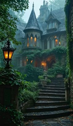 an old house with stairs leading up to it