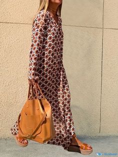 Orcajump - Plus Size Boho Dress, Women's Plus Geometric Print V Neck Long Sleeve Split Hem Maxi Dress Casual Long Patterned Dress, Orange Long Sleeve Printed Maxi Dress, Casual Orange Long Sleeve Maxi Dress, Orange Long Sleeve Maxi Dress For Day Out, Long Brown Dress For Day Out, Casual Geometric Pattern Maxi Dress For Spring, Printed Long Sleeve Brown Maxi Dress, Brown Printed Long Sleeve Maxi Dress, Casual Maxi Dress With Geometric Pattern For Spring