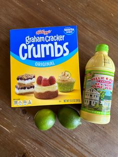 a package of graham cracker crumbs next to limes and cupcakes