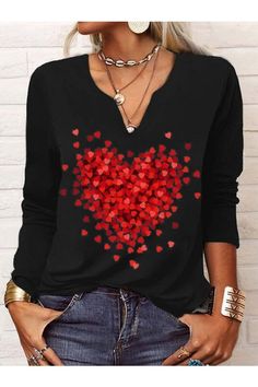 Black Casual V Neck Printed Long Sleeve Tops Spring Heart Print V-neck Top, Casual V-neck Top With Heart Print, Long Sleeve Tops With Heart Print For Spring, Heart Print V-neck Top For Spring, Spring Black Top With Heart Print, Black Heart Print Top For Spring, Spring V-neck Top With Heart Print, Casual Heart Print Winter Tops, Trendy Black Tops With Heart Print