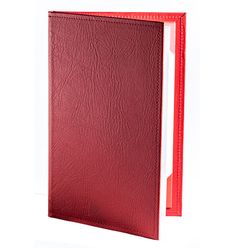 a red leather book with an open cover on the front and side, sitting against a white background