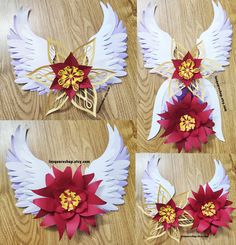 four pictures of white and red paper flowers with wings on wooden floored surface,