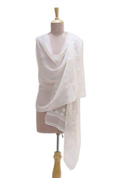 Indian artisan Uma Tripathi designs this elegant sheer shawl that exhibits the graceful beauty of nature. The warm white cotton and silk blend shawl is adorned with dainty floral motifs using the ancient tradition of chikankari embroidery. The ends of the shawl are decorated with intricate crochet lace that accentuates the luxurious allure of the accessory. Sheer Shawl, Chikankari Embroidery, Intricate Crochet, Street Style Summer, Soft Summer, Floral Motifs, Classic Beauty, Floral Motif, Crochet Lace