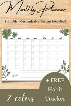 a printable calendar with the words, free habit tracker and green leaves on it