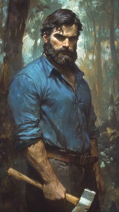 a painting of a man holding an ax in his hand and wearing a blue shirt