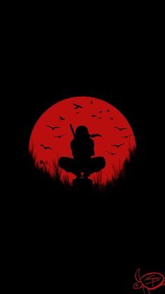 the silhouette of a person sitting in front of a red sun with birds flying around