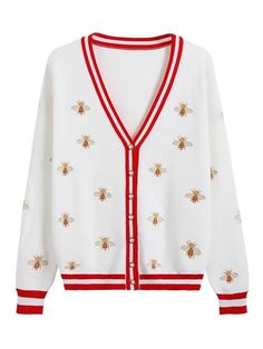 Elizabeth Bee Embroidery Cardigan from The House of CO-KY - Coats & Jackets Embroidery Cardigan, Style Anglais, Striped Knitted Sweater, Bee Embroidery, England Style, England Fashion, White Cardigan, Animal Fashion, Knitted Cardigan