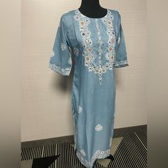 One Piece Indian Kurti Blue Floral Embroidered Knee-length Midi Dress, Blue Floral Embroidery Knee-length Midi Dress, Casual Blue Midi Dress With Floral Embroidery, Blue Midi Dress With Floral Embroidery, Blue Fitted Midi Dress With Floral Embroidery, Elegant Light Blue Cotton Dress, Elegant Light Blue Cotton Midi Dress, Giraffe Print Dress, Flowy Floral Dress