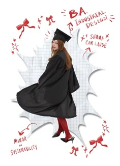 a woman in a graduation cap and gown is standing with her hands on her hips