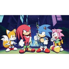 sonic the hedgehog, tails and tails standing in front of a cityscape