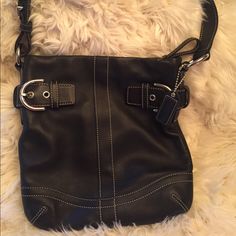 Authentic Coach Shoulder Bag. Brand New. Never Used. Black Leather Black Leather Bags With Metal Hardware, Coach Black Shoulder Bag With Metal Hardware, Black Coach Shoulder Bag With Metal Hardware, Black Crossbody Shoulder Bag With Silver-tone Hardware, Coach Black Leather Shoulder Bag, Coach Leather Bag, Blue Coach, Suede Purse, Tan Handbags