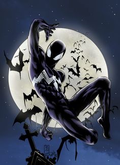 a spider - man flying in front of a full moon with bats on it's back