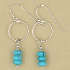 Turquoise Rondelle Gemstones Dangle From A Solid 925 Sterling Silver Hoop Link. 925 Sterling Silver Hooks 925 Sterling Silver Hoop Link Approx. 15mm Length Approx. 1 3/4". Each. Turquoise Hoops, Sterling Silver Hoops, Silver Hoops, Turquoise Jewelry, Solid 925 Sterling Silver, Silver Color, Beaded Earrings, Dangle Earrings, 925 Sterling Silver