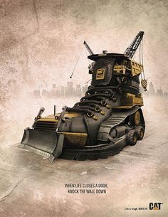 a poster with an image of a shoe on top of a snow plow in front of a city