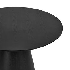 a round table with black wood grained finish on the top and bottom, against a white background