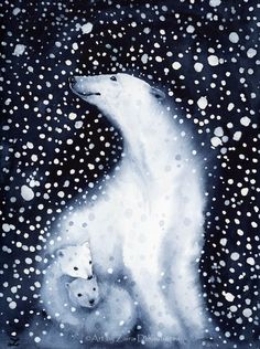 a painting of a polar bear and cub in the snow with white dots on it