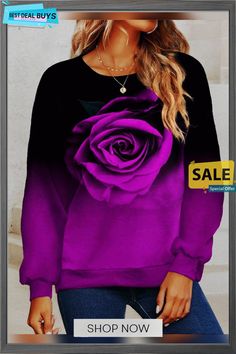 Women's Sweatshirt Pullover Basic Pink Red Blue Floral Casual Round Neck Long Sleeve Purple Winter Sweatshirt, Purple Long Sleeve Sweatshirt For Spring, Casual Purple Winter Tops, Ombre Rose, Round Neck Long Sleeve Top, Round Neck Sweatshirts, Sweatshirts Online, Women Hoodies Sweatshirts, Rose Print