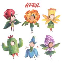 children's drawings of flowers and plants in different styles, with faces on them