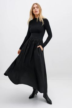 Black Long Sleeve Mockneck Dress - Fillmore Dress | Marcella Caterina Dress, Cocktail Jumpsuit, Mockneck Dress, Chic Work Outfit, Magnolia Dress, How To Make Skirt, Timeless Dress, Minimalist Dresses, Flowing Skirt