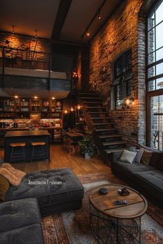 a living room filled with furniture next to a large window