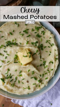 a bowl filled with mashed potatoes topped with butter