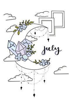 an illustration with the words july above it and flowers in front of a white background