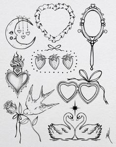 a drawing of various tattoos on paper with ink and marker pens, including hearts, flowers,