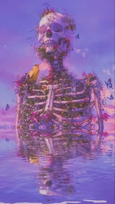 a painting of a skeleton sitting in the water with flowers on it's body