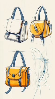 three different types of purses are shown in this drawing style, including one yellow and the other white