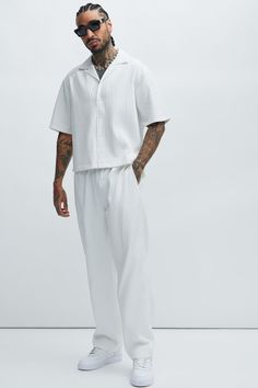 Available In White. Elastic Waist Drawstring Side Pockets Back Pockets Pair With "Santiago Shirt" Shell: 100% Polyester Imported | Mens Santiago Straight Pants in White size Large by Fashion Nova White Dress Casual Outfit, Futuristic Fashion Male, Feminine Men Fashion, All White Party Outfits, White Outfit For Men, Extraordinary Clothes, White Pants Men, Men Streetwear Fashion, White Party Outfit