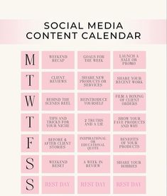 the social media content calendar is shown in pink