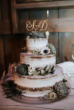 a three tiered cake with succulents and greenery on top