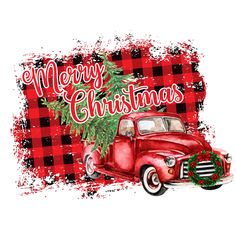 an old red truck with a christmas tree in the back and merry lettering on it