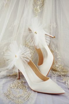 Details: Heels are available in 6cm and 8cm &10cm Shoes take approx 1-2 weeks to make before we can ship them out to you. Elegant Flat Heel Wedding Shoes For Bridal Shower, Elegant Open Toe Tulle Heels, Elegant Tulle Heels With Open Toe, Elegant Tulle Open Toe Heels, Formal Tulle High Heels, Elegant Tulle Bridal Accessories For Bridal Shower, Elegant Formal Tulle Heels, Elegant White Flat Heel Court Shoes, Elegant White Court Shoes With Flat Heel