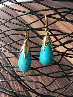 Elegant Turquoise Teardrop Pierced Earrings, Elegant Handmade Turquoise Teardrop Earrings, Turquoise Teardrop Drop Earrings, Elegant Turquoise Drop Teardrop Earrings, Turquoise Teardrop Earrings For Jewelry Making, Turquoise Teardrop Drop Earrings With Ear Wire, Elegant Turquoise Teardrop Earrings As Gift, Tulip Earrings, Pebble Jewelry