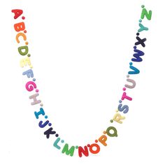 a multicolored plastic letter necklace on a white background