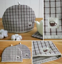 four pictures showing how to make a teapot cover with cotton balls and yarns