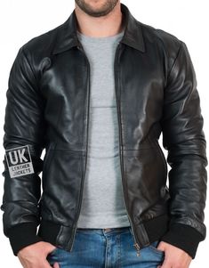 Mens Black Leather Bomber Jacket - Bristol - Front Mens Leather Jackets, Leather Jacket Outfit Men, Flying Jacket, Leather Coat Jacket, Black Leather Biker Jacket, Bristol Uk, Sheepskin Jacket, Jackets Uk, Aviator Sunglasses Mens