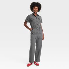 Elevate your wardrobe with this Boilersuit from Universal Thread™. Made from recycled cotton with added spandex, this boilersuit features relaxed-fit legs and an ankle length. The boilersuit comes in a short-sleeve design with a collared neckline and boasts multiple pockets for practicality. The elastic waistband and front buttons add extra flair for an on-trend look. Universal Thread™: Found exclusively at Target. Women’s Coveralls, Coverall Outfit Women, Coverall Outfit, Coveralls Workwear, Cardigan Fits, Cargo Jumpsuit, Boiler Suit, Spandex Shorts, Playsuit Romper