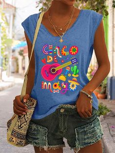 Product Name: Cinco de Mayo Casual Print Tank Top Item NO.: 2023040366SBE Weight: 0.2 kg = 0.4409 lb = 7.0548 oz Category: Clothing> Women> T-Shirts Tag: New In, Cinco de Mayo Creation Time: 2023-04-05 Description Material: Polyester Pattern Type: Print Sleeve Type: Sleeveless Style: Casual Neckline: V-neck Thickness: Moderate Occasion: Daily *The item does not include any accessories in the picture, unless stated otherwise in the product description. Size chart Size Bust Length CM INCH CM INCH Blue Sleeveless T-shirt With Letter Print, Oxford Street London, Print Tank Top, Women T Shirts, Printed Sleeves, Cheap Clothes, Print Tank, Printed Tank Tops, Graphic Tees Women