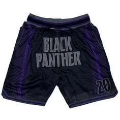 * Black Panther T'challa Men's Basketball Shorts * High Quality Material And Craftsmanship * Outer Mesh Material With Inner Liner * Embroidered Name And Number In Premium Tackle Twill * Rear Pockets With Zipper Closure * Elastic Waistband With Drawstring Closure * Handmade * Cut And Sewn With Superior Material * 8" Inseam (Size Small) * Fits True To Size * 100% Polyester * Mpn Hgc067-Sht-17 * Msrp $88 * Color Black/Purple Black Sporty Basketball Bottoms, Sporty Black Bottoms For Basketball, Black Sportswear Bottoms For Basketball, Black Athleisure Bottoms For Basketball, Black Athletic Shorts For Basketball Season, Black Sporty Athletic Shorts For Basketball, Purple Bottoms With Letter Print For Streetwear, Casual Black Athletic Shorts For Basketball, Purple Letter Print Bottoms For Streetwear