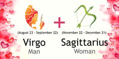 the virgo sagittarius man and woman poster is shown with hearts around it