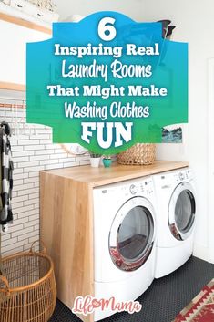 a washer and dryer sitting next to each other in front of a laundry room sign