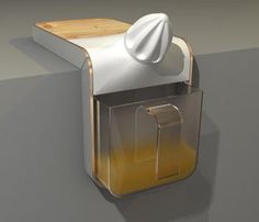 a white and gold toilet paper dispenser on a gray surface with a wooden lid