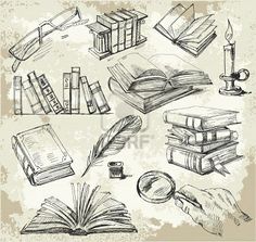 an image of books and other items on a white background with grungy effect