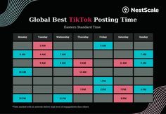 the global best tikto posting time calendar is shown in blue and pink