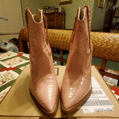 Sam Edelman Boots With 4 1/4 Inch Heels. Bnwt(Price Sticker) Never Worn. Color Pink With Silver Studs & A Croc Type Pattern On The Outside Of Boots. Size 10m . Top Of Boot To Bottom Down Back Is 8 3/4 Inches, From Heel To Toe 10 1/2 Inches. From Top Of Boot In Front To Tip Of Toe Is 9 1/2 Inches. No Shoe Box. Western Style Medium Width Heels With Pointed Toe, Western Style Pink Almond Toe Boots, Pink Western Boots With Almond Toe, Western Style High Heel Pink Boots, Fitted Pink Heeled Boots With Snip Toe, Pink Leather Heeled Boots With Snip Toe, Pink Almond Toe Boots Medium Width, Pink Heeled Boots With Reinforced Heel And Pointed Toe, Pink Western Boots With Pointed Toe